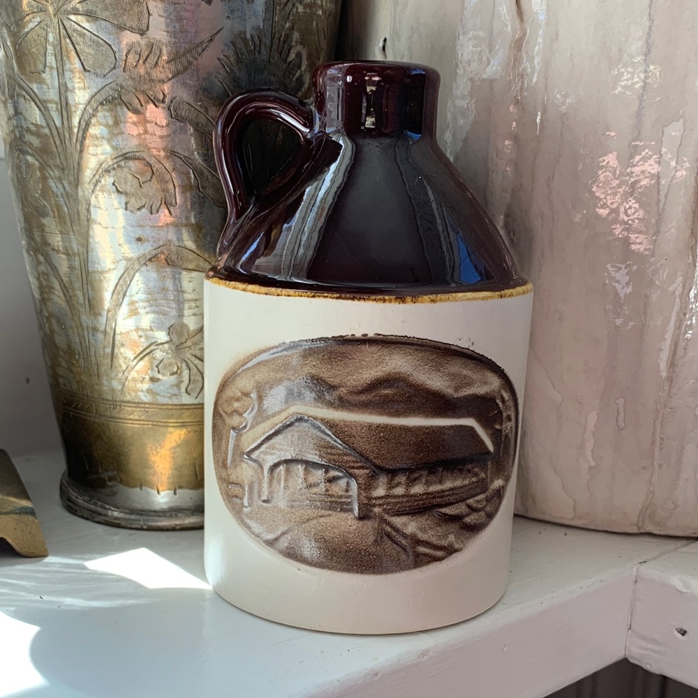 Miniature stoneware jug from Vermont country covered bridge